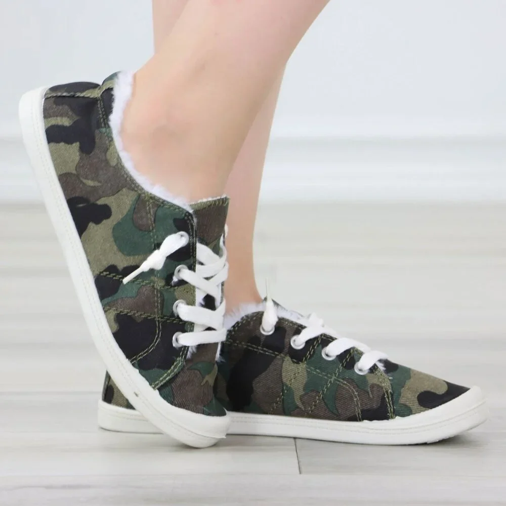 Camouflage Sneakers Lace-Up White Sole Low-Top Casual Comfort Plush Lining